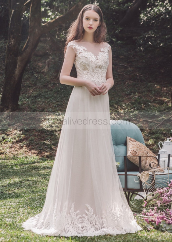 Cap Sleeve Beaded Ivory Lace Tulle Buttons Back Wedding Dress